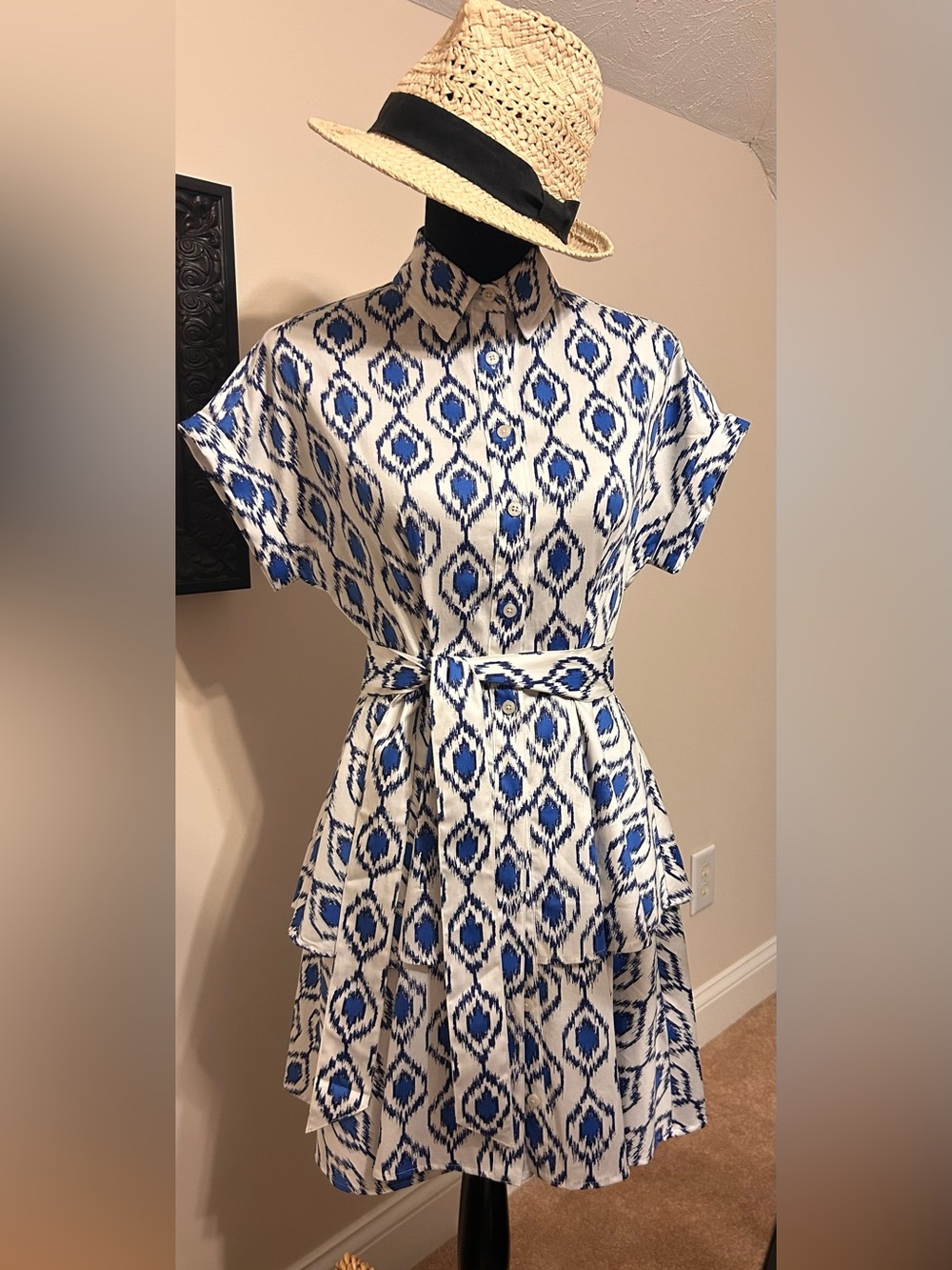 Untuckit for her Blue Ikat Print Shirt Dress with Belt